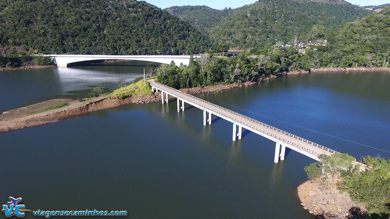 Foto com drone nas pontes do Rio Socorro e Pelotas, em Vacaria - RS