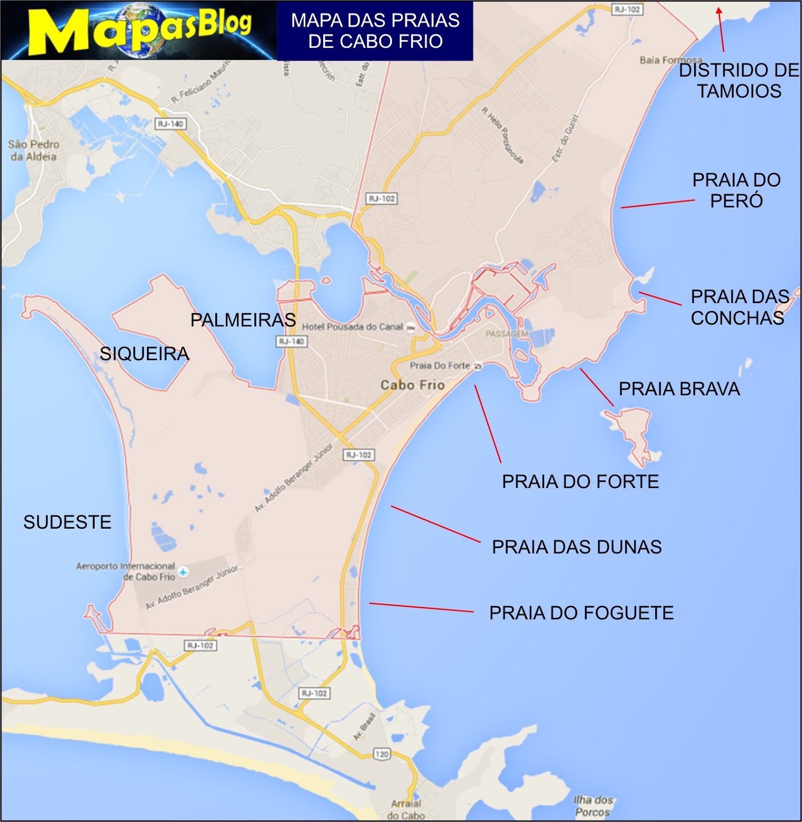 Mapa das praias de Cabo Frio