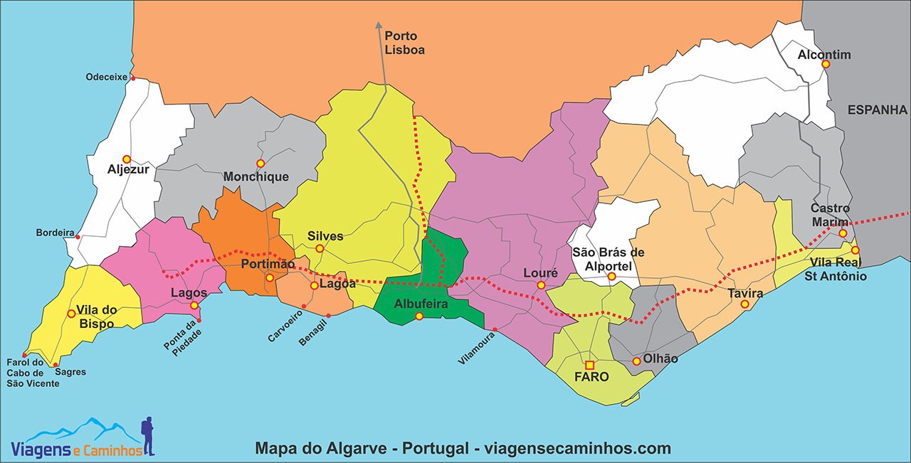 Mapa de Portugal com destaque do Algarve